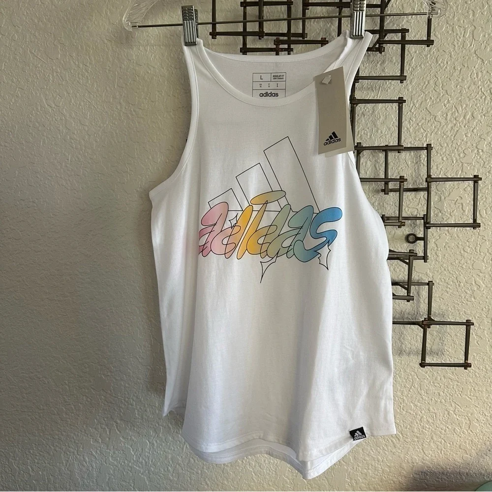 Adidas Big Girls Sleeveless Curved-Hem Cotton Logo Tank Top L